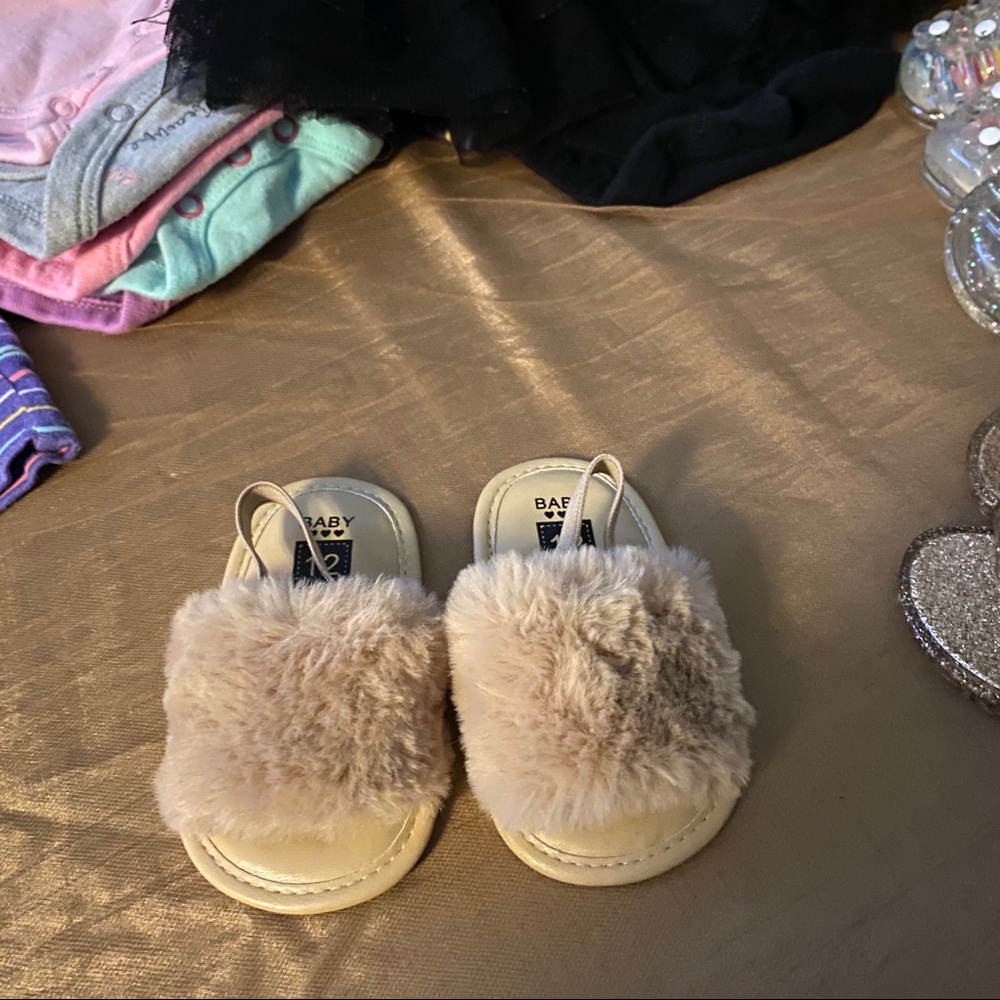 2 pairs of Infant furry slide(s) Tan & Gray